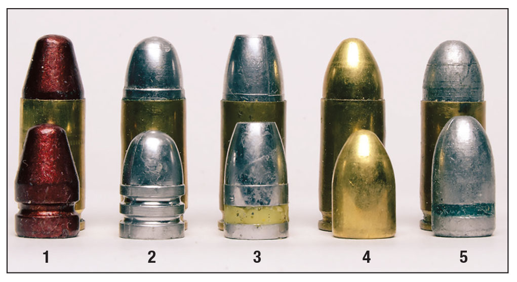 The bullets Mike handloaded for this article are: (1) Cheyenne Bullet Company 125-grain TC coated cast bullet, (2) Lyman 120-grain cast RN mould No. 356242, (3) MP Molds 135-grain cast TC No. 357-135FB, (4) Montana Bullet Company 124-grain FMJ and (5) Oregon Bullet Company 145-grain cast RN.